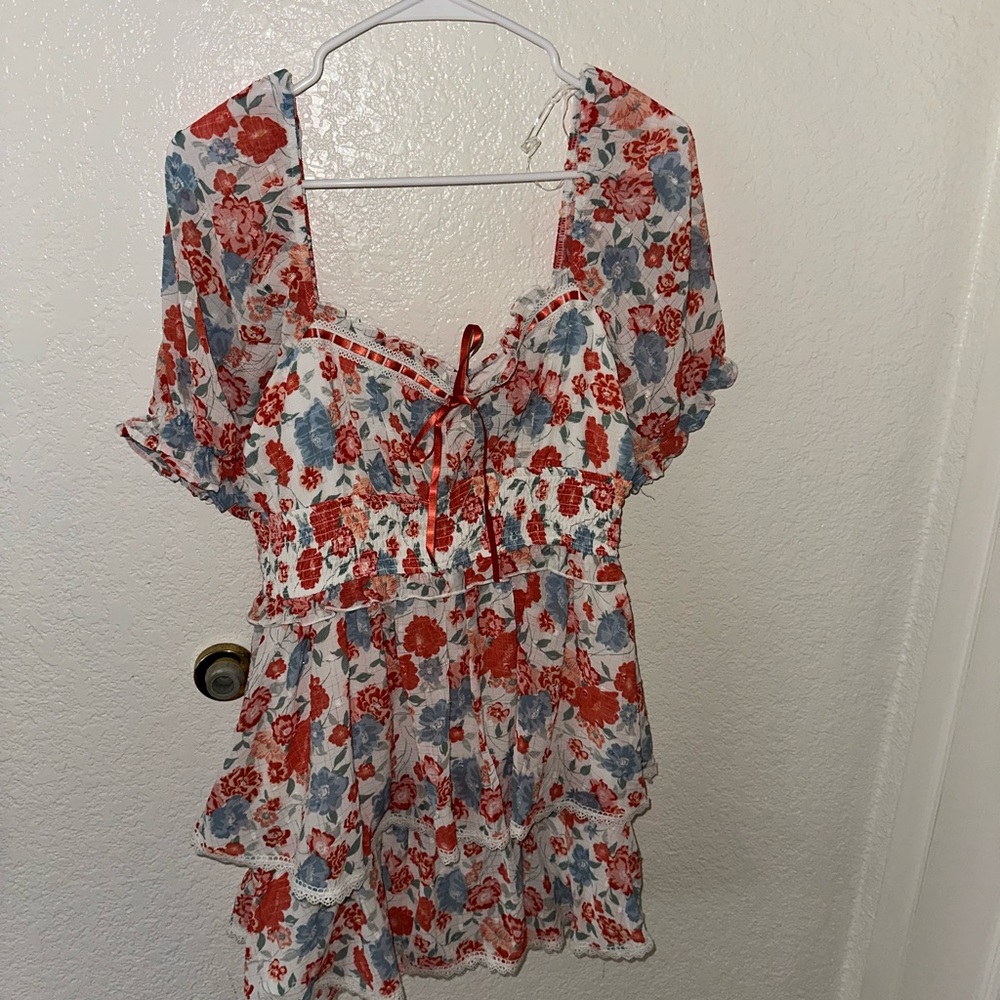 Floral Mini Dress with Red and Blue Accents